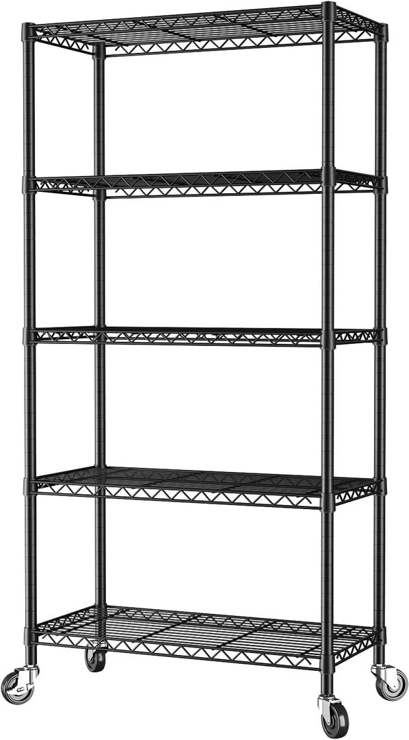 SINGAYE 5 Shelf Adjustable Heavy Duty Storage Shelving Unit with Wheels Steel Organizer Wire Rack Shelves Bathroom Organizers and Shelf Wire Closet Metal Pantry Kitchen Garage 14" DX30 WX70 H Black (5-Black 14"D X 30"W X 70"H)