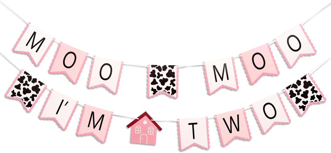 Gostman Moo Moo I'm Two Banner - Pink and White Farm Theme Birthday Party Decoration, Cow Print Design 