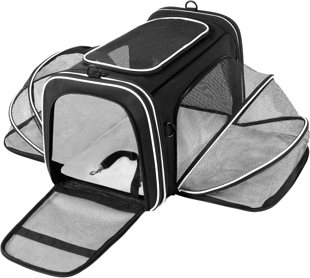 TSA Airline Approved Large Pet Travel Carrier,4 Sides Expandable with 2 Mesh Pockets,3 Entry, Soft Sided Collapsible Dog Carrier for 2 Cats,Kittens,Puppies,Dog, X-Large, Black & White