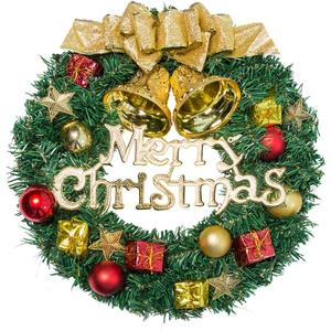 Christmas Wreath Reef for Front Door Window 13 Inch Pine Artificial Garland with Bowknot, Bells, Deer, Red Berries, Flower Gifts for Christmas Party Decor (Gold)