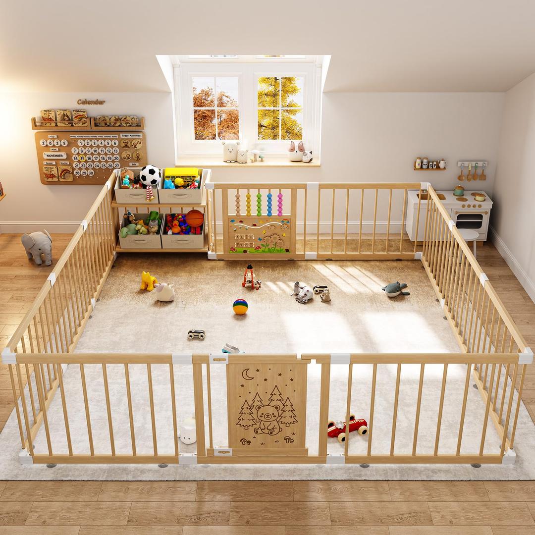 IKALIFE Large Wooden Baby Storage Playpen 11+3 Panels 70.9”×70.9”