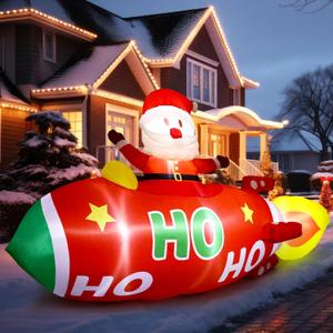 Leyndo 10 FT Christmas Inflatable Santa Claus on Rocket Outdoor Blow Up Decoration with LED Lights Animated Christmas Decoration for Cute Xmas for Holiday Party Yard Garden Lawn Decor