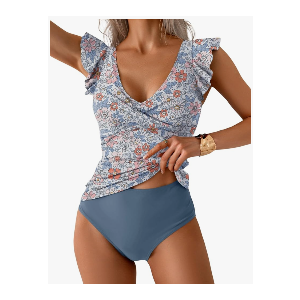 Tankini Swimsuit for Women Tummy Control Two Piece Bathing Suit Ruched Ruffle Swimwear Top with Bottom L