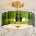 AUQUEE 13.8" Semi Flush Mount Ceiling Light Fixture, 3-Light Gold Close to Ceiling Light with Green Ribbed Glass Shade,Vintage Chandelier Modern Ceiling Lamp for Kitchen/Hallway/Bedroom/Entryway/Foyer, Large