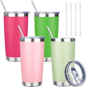 20 oz Tumbler with Lids and Straws, Stainless Steel Insulated Travel Coffee Mug, Double Wall Vacuum Insulated Tumblers, Powder Coated Coffee Tumbler for Cold & Hot Drinks (Mix Color-3, 4 Pack) (Peach Pink,Fruit Green,Matcha,Light Pink)