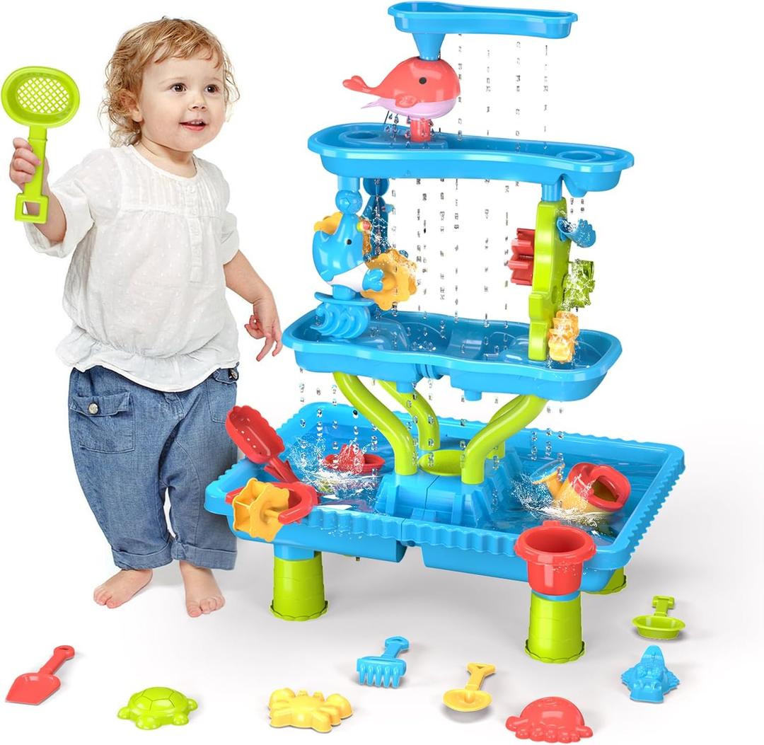 4-Tier Water Table for Toddler 3-5 4-8, Kids Summer Outdoor Beach Water Table Toys, Kids Water and Sand Activity Sensory Table, Rain Shower Splash Pond Toddler Water Play Table for Boys Girls