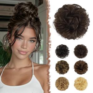 FESHFEN 100% Human Messy Bun - Human Hair Bun Real Elastic Scrunchies Hair Pieces Soft Fluffy Wavy Ponytail Extensions Updo Chignon Hairpieces for Women, Brown