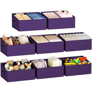 DIMJ Large Closet Shelf Organizer Bins 8 Packs with Handles and Divider, Fabric Trapezoid Storage Baskets, Foldable Clothes Containers Box for Shelf, Towel, Book, Toy, Purse, Hats, Purple