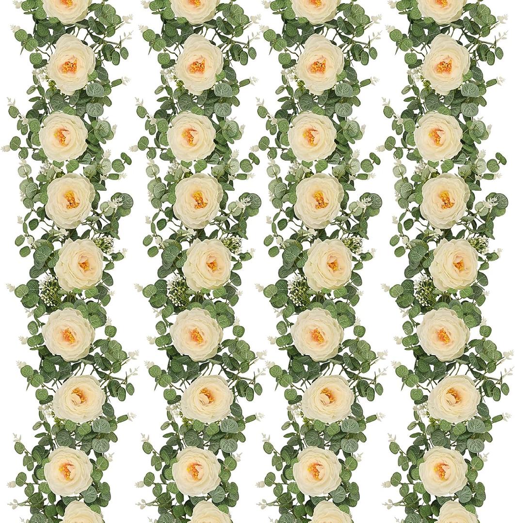 Dolicer 4Pcs 26Ft Artificial Eucalyptus Garlands with Flowers, Faux Floral Greenery Garlands Fake Flowers Vines for Wedding Centerpieces Arch Party Ceremony Backdrop Decor, Champagne