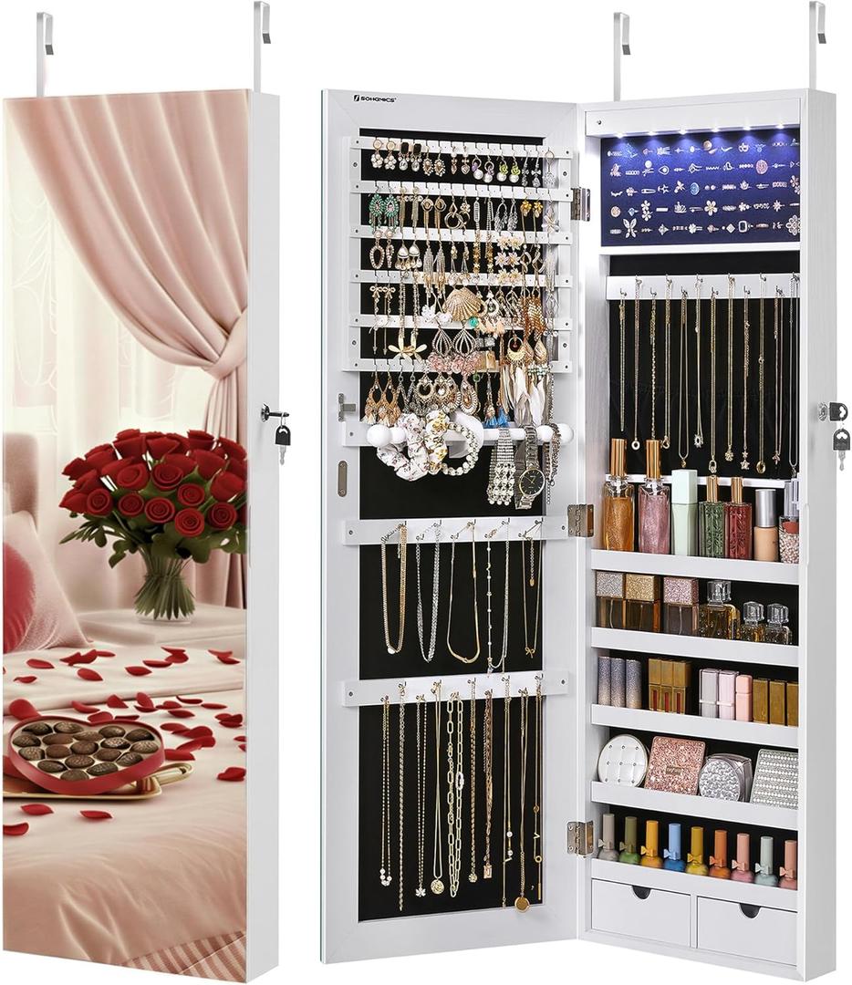 SONGMICS Hanging Jewelry Cabinet, Wall-Mounted Cabinet with LED Interior Lights, Door-Mounted Jewelry Organizer, Full-Length Mirror, Gift Idea, White UJJC99WT