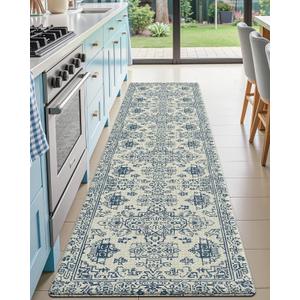 DEXI Kitchen Mats Cushioned Anti Fatigue, 23x86 Floor Padded Runner Rug Non Slip, Waterproof Standing Comfort Memory Foam for Front Sink Laundry, Blue White