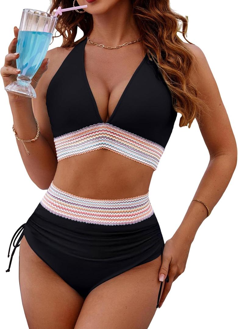BMJL Women's High Waisted Bikini Sets Tummy Control Swimsuits Sexy V Neck Two Piece Bathing Suits 2024 (Small, Black12)