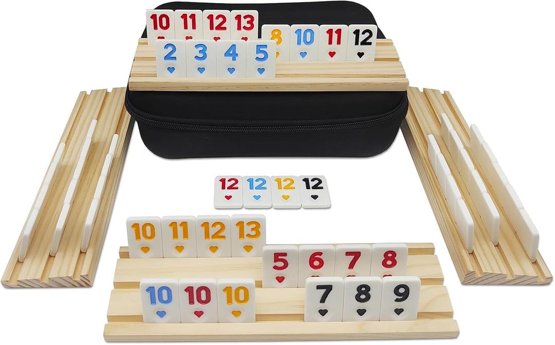 Rummy Cube 4 Player Edition with 4 Wooden Racks, Rummy Cube Game with Case 4 Players with Portable Case 106 Tiles Rummy Cube Travel Game Set for Family Adults Kids