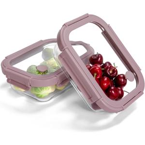 2-Pack Glass Food Storage Containers with Tempered Lids (21.3oz/2.7cup) - Airtight Snap Lock, Microwave & Oven Safe (-4~ 950F), Freezer to Baking Dish, BPA-Free, Gift Box (Pink)