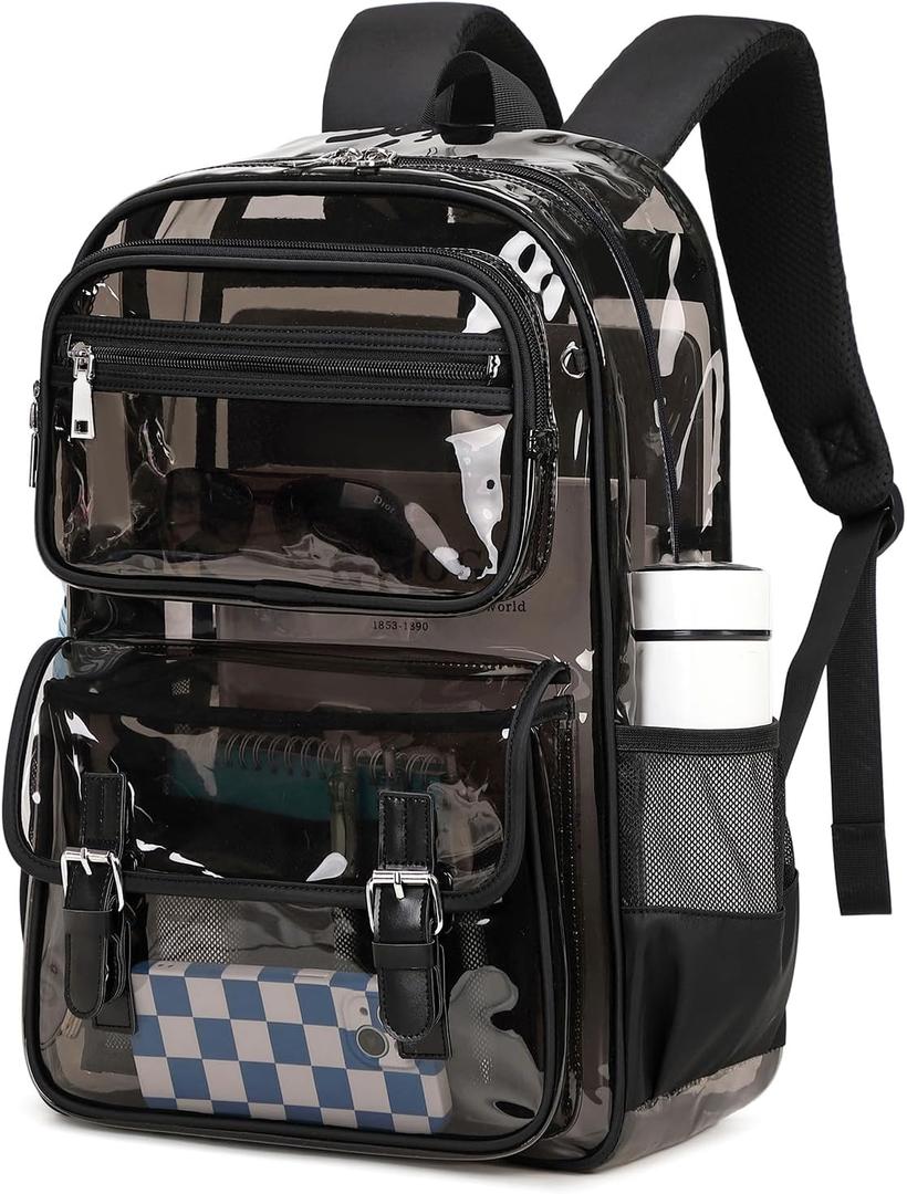 Large Clear Backpack Transparent Heavy Duty School Clear Bookbag See Through Bag Boys and Girls for College Work Travel Security, Semi Black
