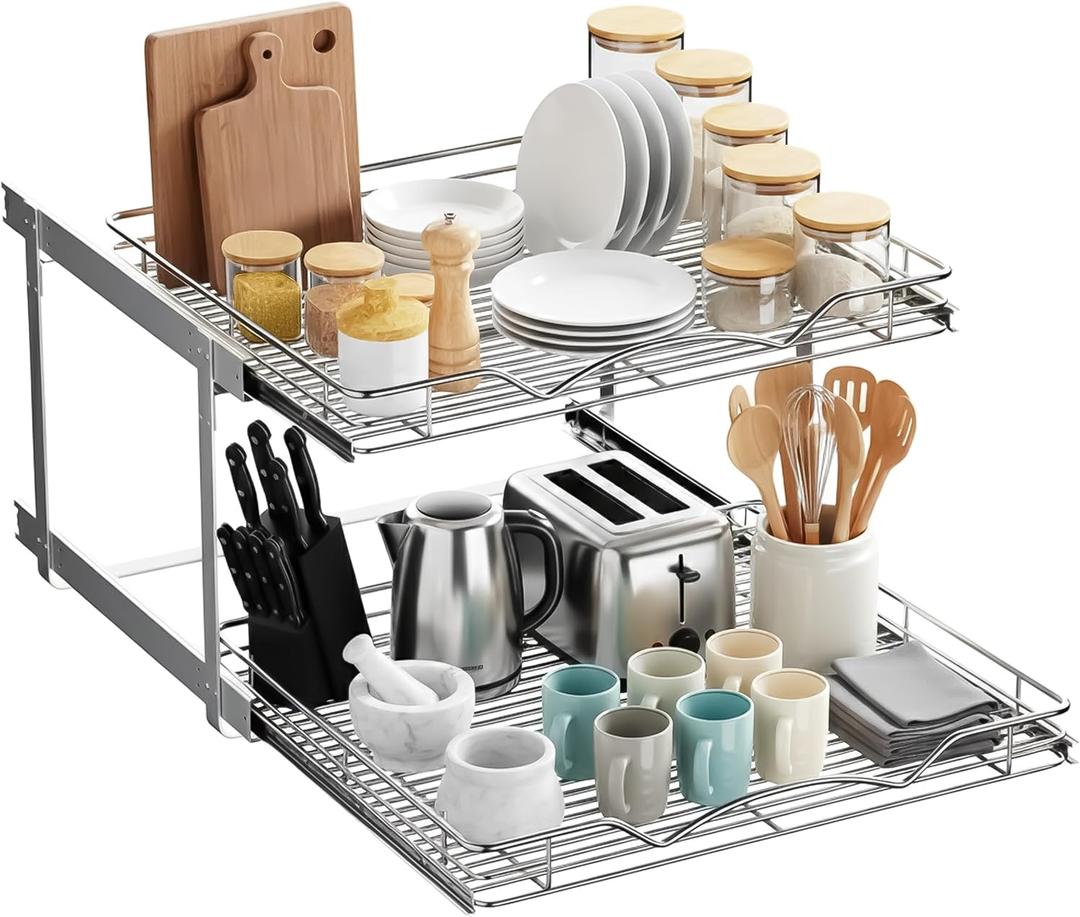 2-Tier Pull-Out Cabinet Organizer with Heavy-Duty Steel Frame, Full-Extension Sliding Shelves, Holds 100 lbs, Easy Install for Kitchen, Pantry & Under Sink Cabinets, 24" W x 21D x 16.5" H