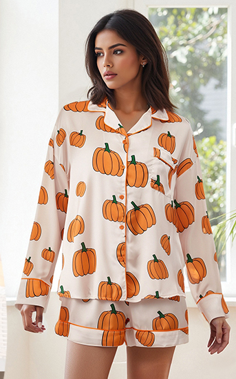 MBZJSDKHLK Women's Halloween Pajamas Set Silk Satin Ghost Pumpkin Print Long Sleeve Button Down Shirt 2 Piece Pjs Shorts Sets, Large