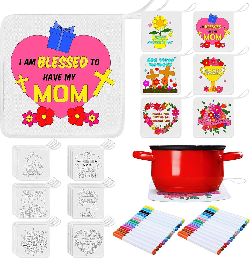 Willinglong 24 Set Color Your Own Blessed Mom Pot Holders Religious Mother's Day Kit to Mom Sunday School Crafts Fun Activities for Home Family