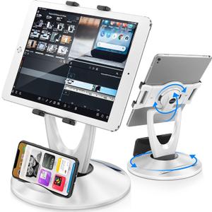 360 Rotating Tablet Stand for POS Kiosk & Desk, Foldable iPad Holder with Phone Organizer Base, Swivel Counter Mount for Retail & Office, Fits iPad Pro 12.9, Air, Mini, All 4-13 Devices