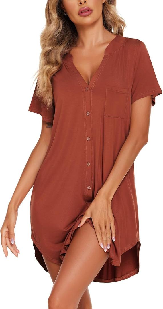 Ekouaer Women Button Down Nightgown V Neck Night Gowns Sleepshirts Short Sleep Shirts (Small)