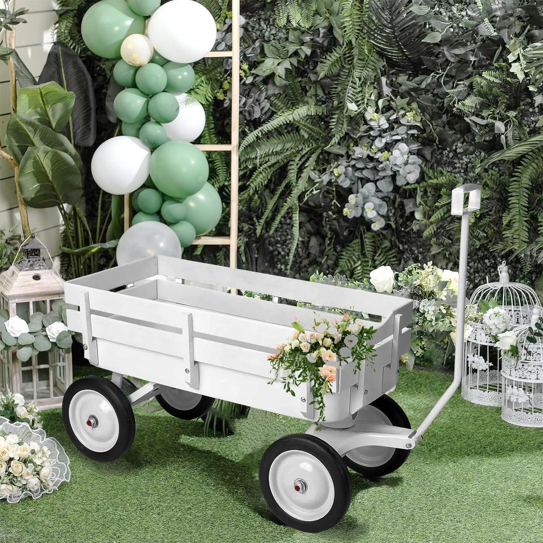 All-Terrain Cargo Wagon - White Flower Girl Wagon Pull Along with Removable Wooden Side Panels, Big Tires and Wide Grip Handle for Weddings, 33' L x 15.7' W x 19.6' H