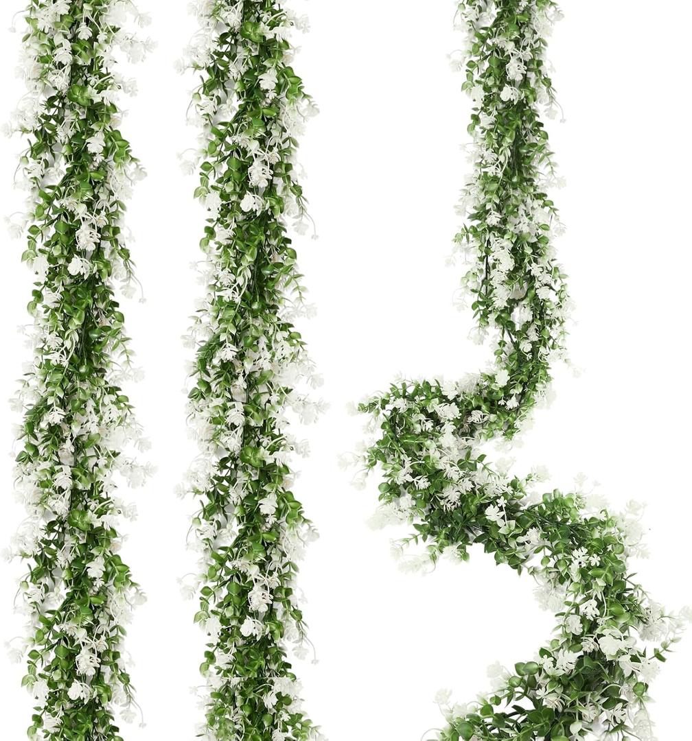 RECUTMS Faux Eucalyptus Garland Plant Fake Vines, Artificial Hanging Eucalyptus Leaves Greenery Vines for Wedding Backdrop Arch Wall Party Home Bedroom Decor Indoor Outdoor(White)