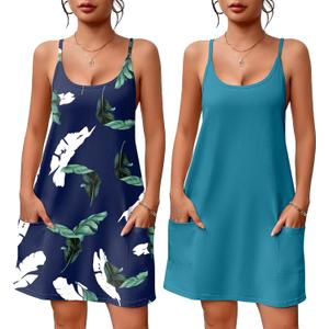 Ekouaer 2 Pack Sleeveless Nightgowns for Women with Pockets Spaghetti Strap Dress Racerback Chemise Sexy Night Gowns, Small