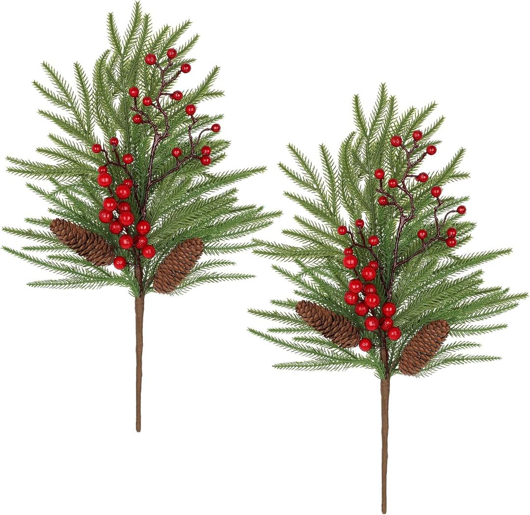 2Pcs Artificial Christmas Norfolk Pine Branches with Red Berry Pine Cones Stems 18.9" Real Touch Faux Greenery Stem Fake Cedar Pine Picks for Vase DIY Crafts Xmas Tree Garland Wreath Indoor Home Decor
