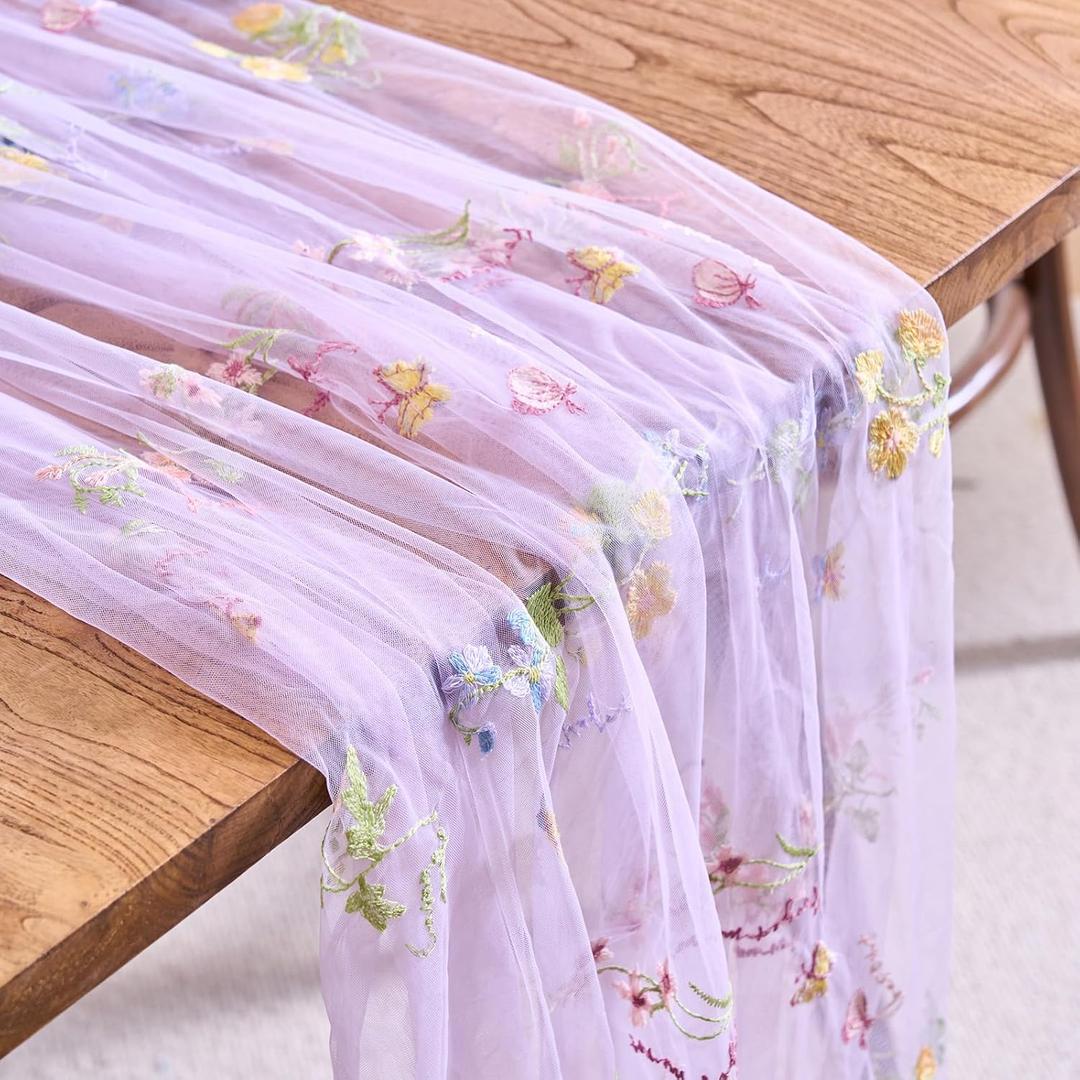 vctops 2 Packs Embroidery Lace Spring Table Runner 10ft Floral Garden Seasonal Tulle Table Runner Holiday Kitchen Dining Table Decoration for Wedding Party Baby Shower Birthday (Purple,30"x120")