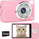 Digital Camera, 4K 64MP UHD 18X Autofocus Digital Zoom with 64GB Micro SD Card 2.8 Inch IPS Screen, Portable Compact Point and Shoot Vlogging Camera for Photography Teens Beginner Adult, Pink