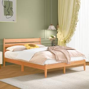 Solid Wood Full Bed Frame, Farmhouse Platform Bed with Ladder Headboard, Malaysian Oak Platform Bed Frames with Wood Foundation, Noise-Free, Easy Installation, Full Size, Rustic Pine
