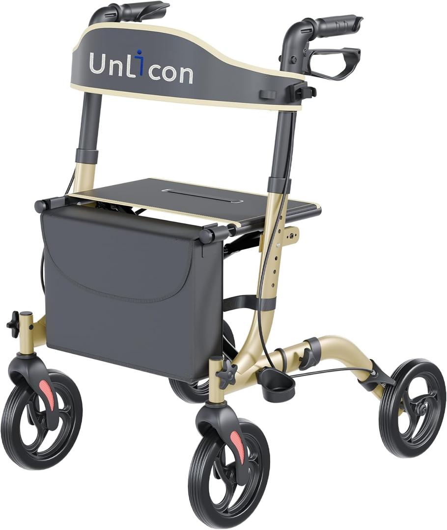 Rollator Walkers for Seniors Folding Rollator Walker with Seat and Four 8-inch Wheels Medical Rollator Walker with Comfort Handles and Thick Backrest Aluminium Frame, Champagne