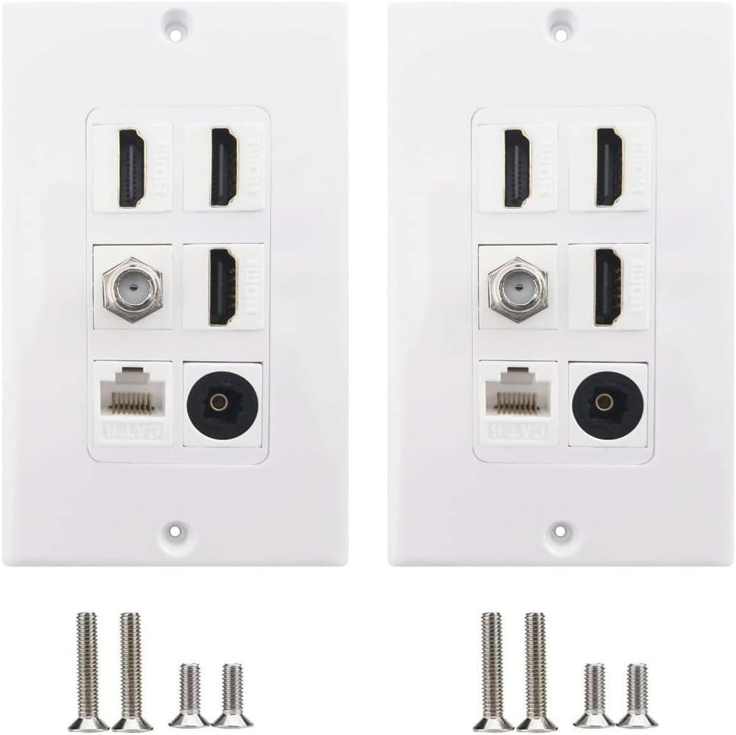 HDMI Optical Wall Plate 2 Pack, MOAVEQ Toslink Wall Plate with HDMI CAT6 Ethernet Coax TV F Type Keystone Jack