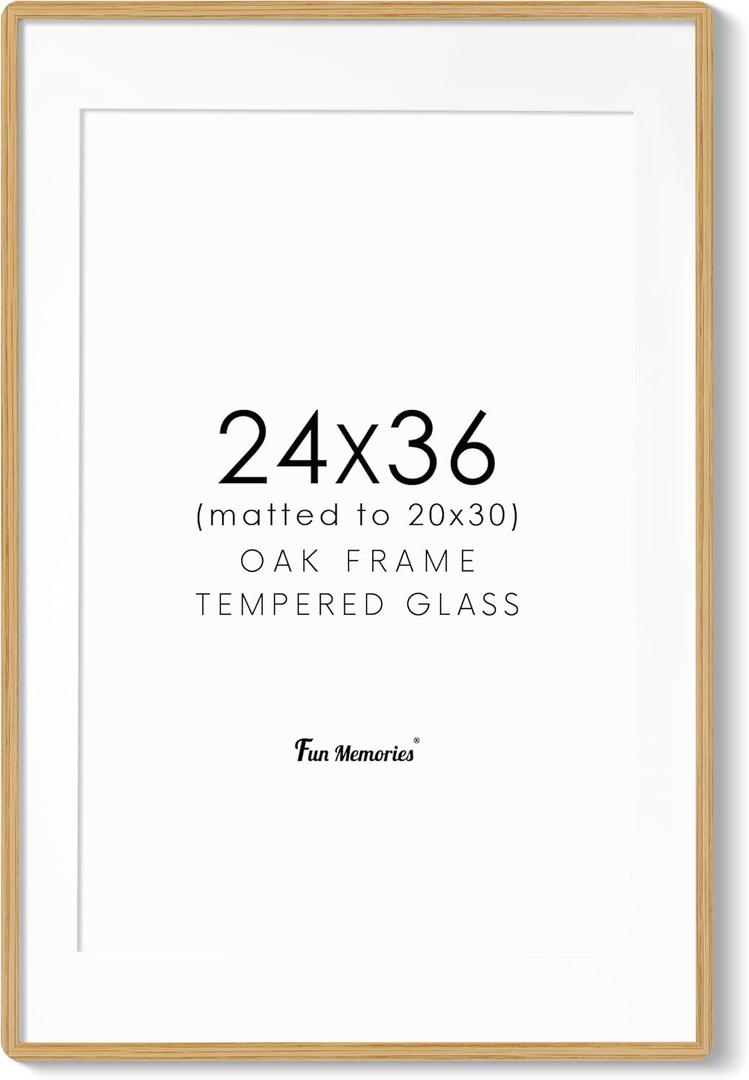 24x36 Poster Frame, USA-Sourced Oak Wood Picture Frame with HD Tempered Glass, Handcrafted Rounded Corner 24 x 36 Wooden Frames Matted to 20x30 Photos, Horizontal or Vertical Wall Display, Natural Color