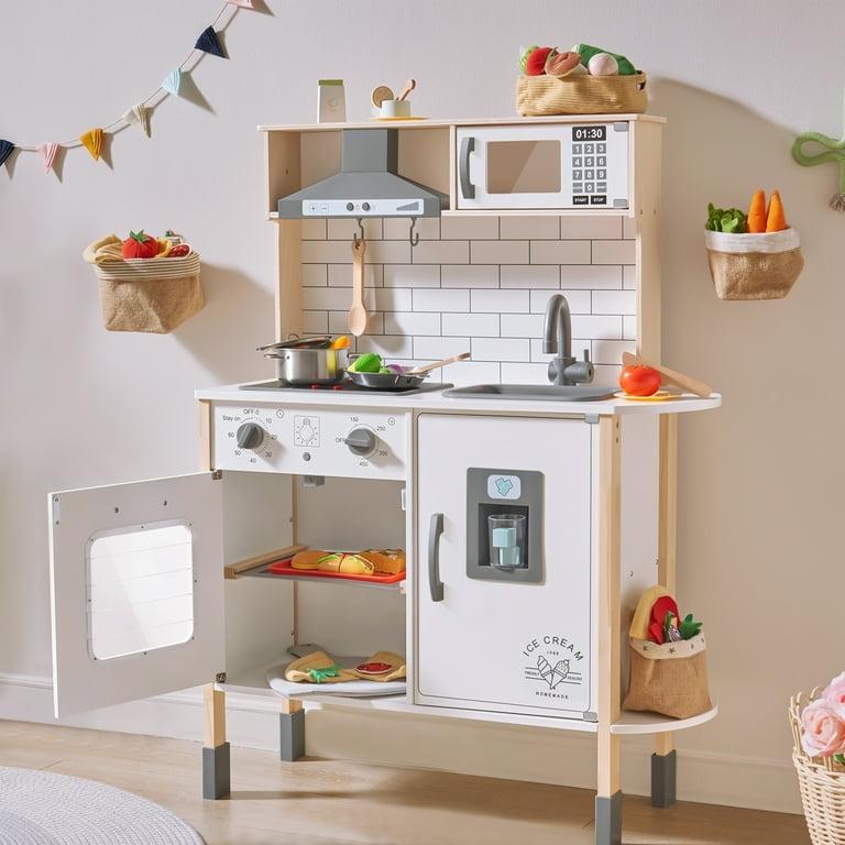 Tiny Land Wooden Play Kitchen for Kids, White Pretend Play Set with Lights & 18 Pcs Accessories
