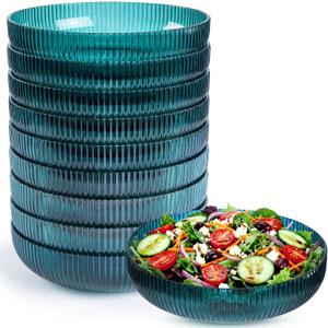 10 Pack Plastic Serving Bowls 10 Inch Fruit Salad Mixing Bowl Vertical Ribbed Pattern Buffet Party Serving Bowls for Vegetable Salad Candy Chip Popcorn Party Snack, Peacock Blue