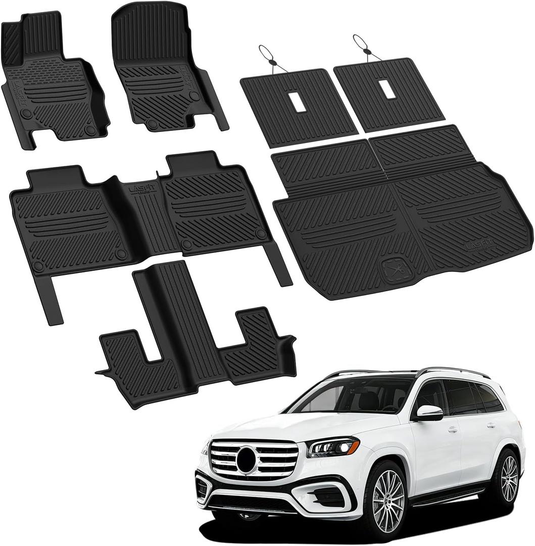 LASFIT Floor Mats & Cargo Mat with Seatback for Mercedes Benz GLS 2020-2026 | Fit for 450/580/63 AMG (Fit 7 Seats Without Rear Seat Package), All Weather TPE, 3 Rows Mats & Trunk Mat with Backrest