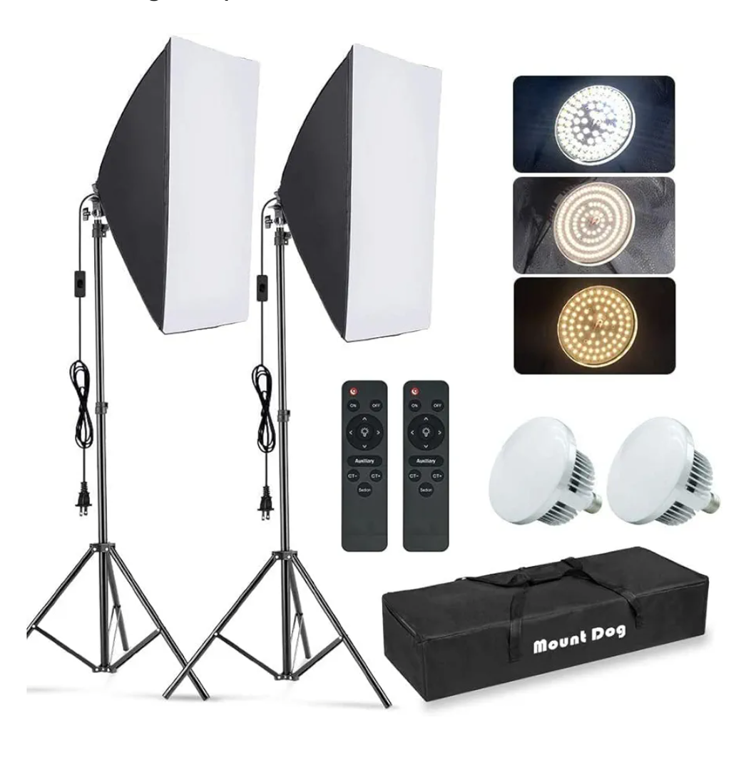 MOUNTDOG Softbox Lighting Kit, 2x19.7"x27.5" Photography Continuous Lighting System with 2pcs 85W 5700K E27 Socket LED Bulbs and Remote for Portrait Product Fashion Photography