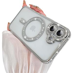 SAKUULO Magnetic Case for iPhone 17 6.3inch Clear Plating,Silver | Compatible with MagSafe,Glitter Sparkly Diamonds Rhinestone with Camera Protector Slim Shockproof Protective Women Girls