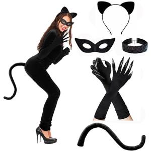 Halloween Cat Costume Accessories for Women, 5PCS Cute Black Cat Mask Ears and Tail Set, CatClaw Gloves Necklace for Adults Party Masquerade Cosplay