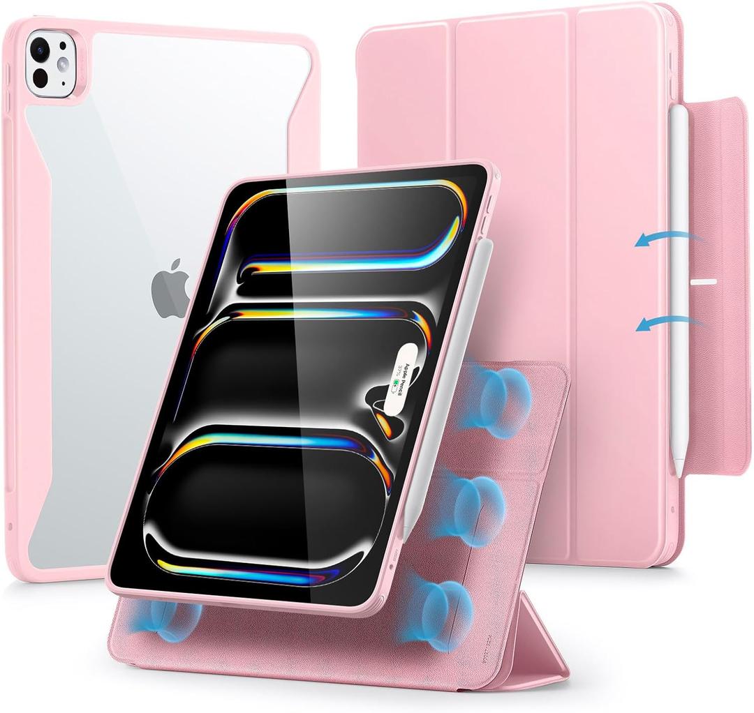 ESR for iPad Pro 11 Inch Case (M5/M4) 2025/2024, Removable Magnetic Cover, Vertical Stand, Fully Supports Pencil Pro and Pencil (USB-C), Rebound 360 Series, Pink
