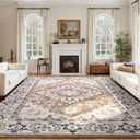 Lessymo 8 x 10 Area Rugs for Living Room- Machine Washable Area Rugs Boho Faux Wool Low Pile Area Rug for Bedroom, Floral Medallion Vintage Rugs with Non-Slip Rubber, Kid & Pet Friendly, Brown Beige