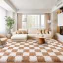 Area Rugs for Living Room 8x10, Cream & Camel Ultra Fluffy Checkered Rug