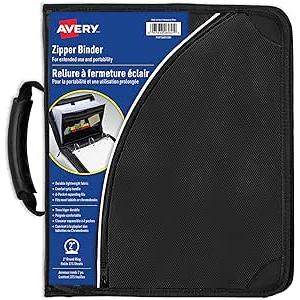 Avery 2" Round Ring Zipper Binder Multiple Storage Pockets Black