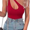SAUNGKUAI Women's Sexy One Shoulder Sleeveless Cutout Thong Bodysuit Tank Top Body Suits V Backless Tummy Control Shapewear (Large, Red)