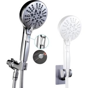 GwernKB Handheld Shower Head with on off Switch&Built-in Power Spray,7-Setting High Pressure Spray Shower Wand with 79in Long Hose&Bracket and Extra Adhesive Shower Holder for Lower Mount,Chrome