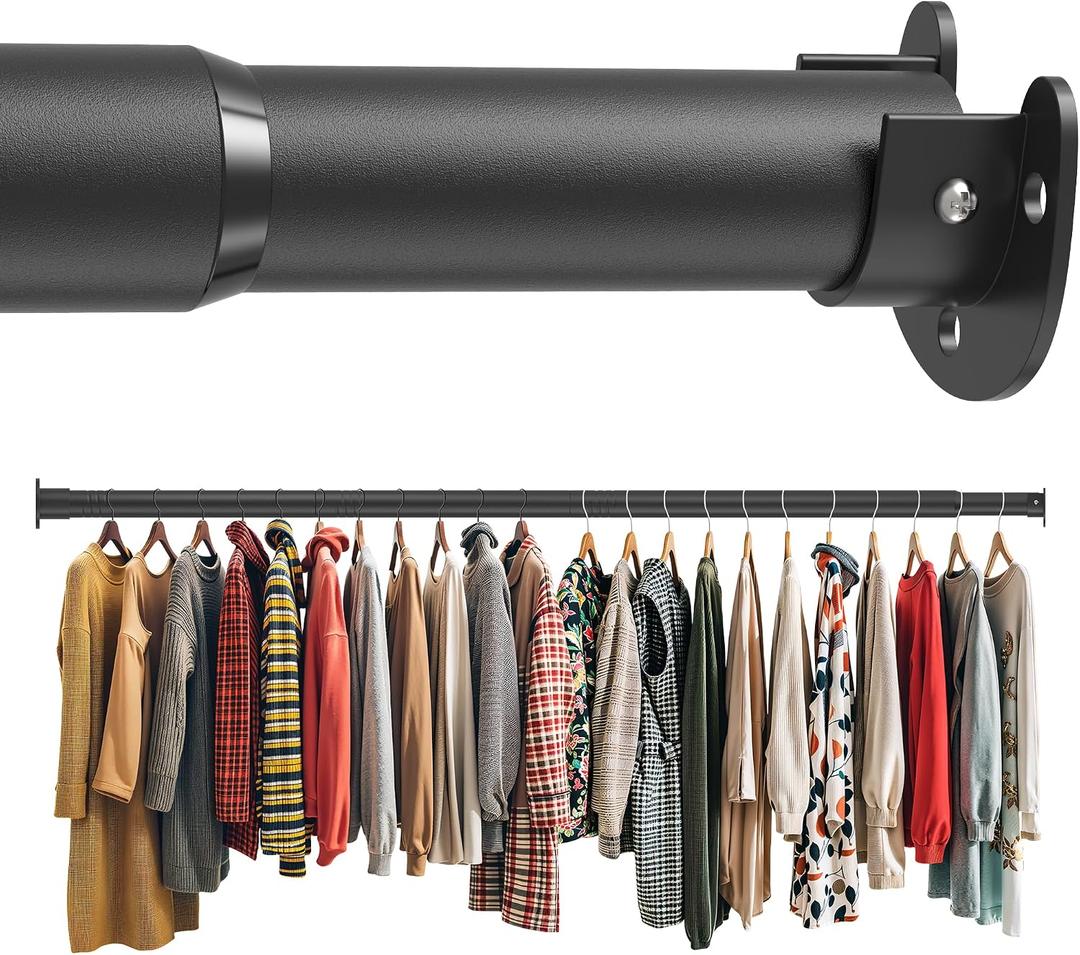 Closet Rod 50-87 Inches, Adjustable Heavy Duty Metal Black Closet Rods for Hanging Clothes 1.3 Inches Diameter for Wardrobes Laundry