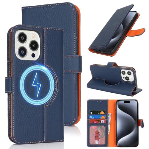 Zouzt for iPhone 15 Pro 6.1 Inch Genuine Leather Wallet Case with Card Holder, Compatible with MagSafe Magnetic Wireless Charging Flip Folio Book Phone Cover Women Men for iPhone 15 Pro - Lychee Blue