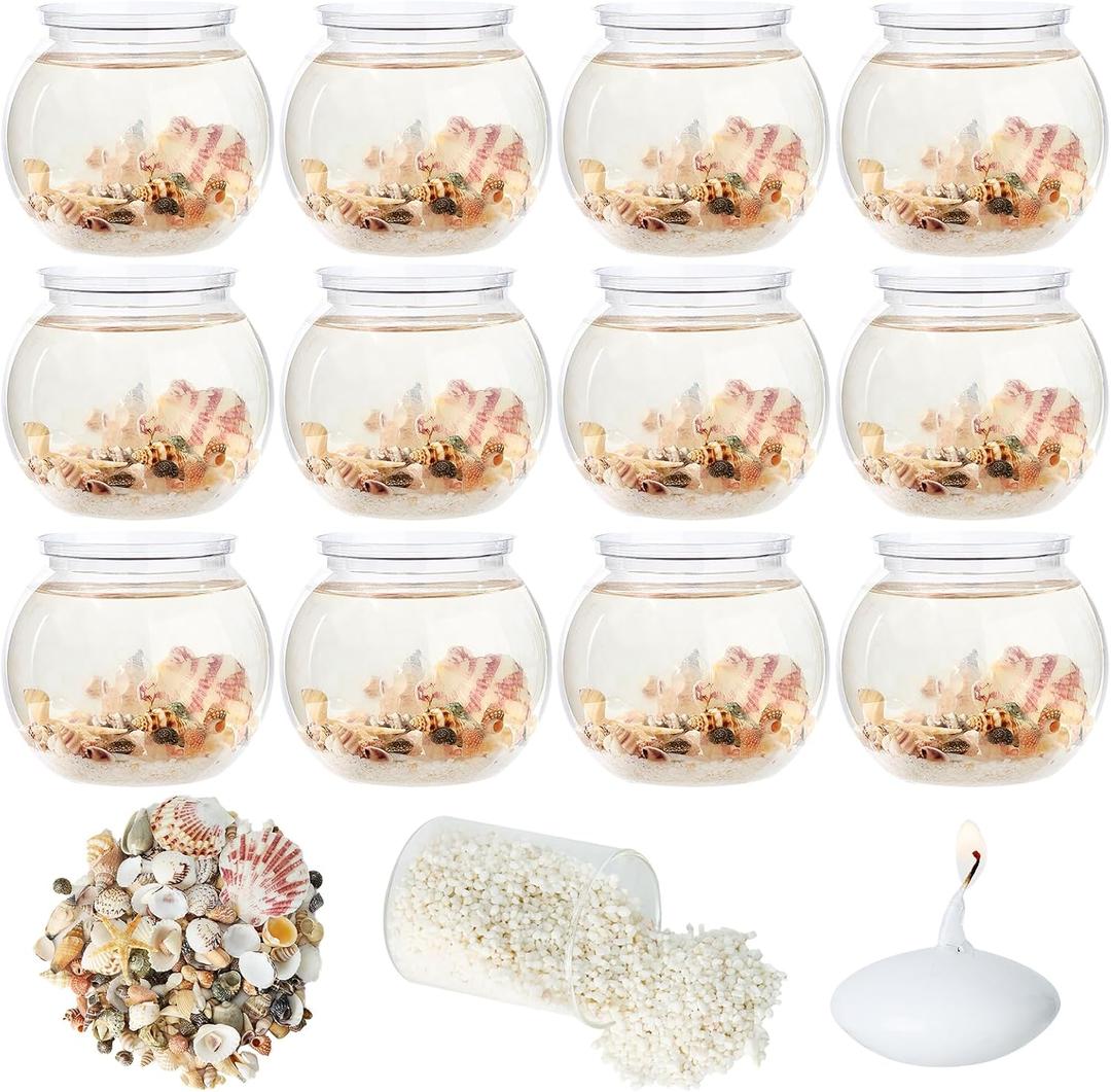 12 Set Beach Themed Party Table Centerpieces with 4" Round Plastic Fish Bowls 20000 Water Beads 200 Mixed Beach Natural Seashell Starfish 1.8kg White Sand for Wedding Baby Shower Ocean Party Supplies