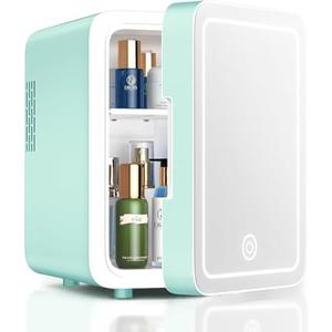CUTIEWORLD Skincare Fridge With Dimmable LED Light Mirror, 4L Mini Fridge For Desktop, Travel or Cool & Heat, Makeup Fridge for Cosmetics, Skin Care and Food, Green